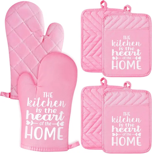 6 manoplas de horno divertidas, soportes para ollas, The Kitchen is The Heart of The Home, resistentes al calor, lavables a máquina, con bolsillo