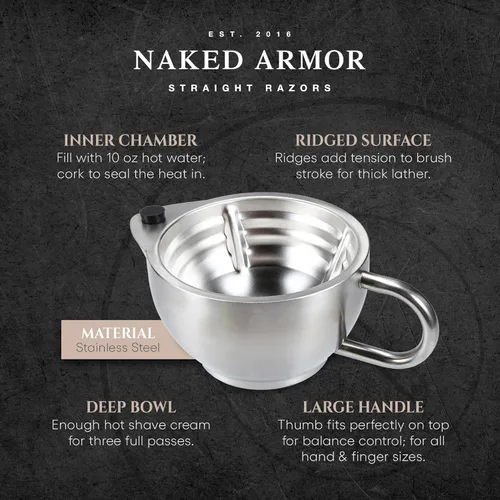 Miniatura 5 de Naked Armor Silver Fox - Juego de taza de afeitar con afeitadora, tazón de afeitar de acero inoxidable de doble pared con afeitadora recta, cepillo