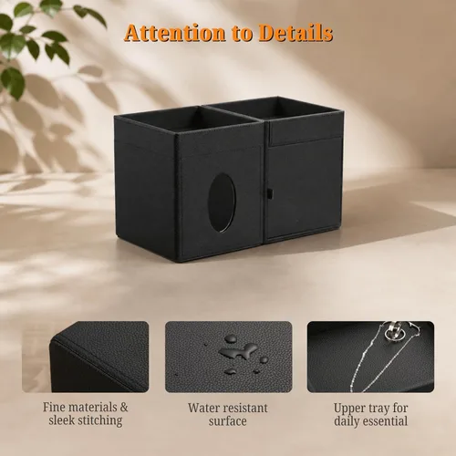 Miniatura 4 de LAMOTI Funda de cuero para caja de pañuelos con bandeja de almacenamiento, soporte cuadrado para caja de pañuelos faciales para baño, mesa de Negro