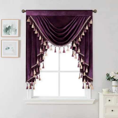 Miniatura 73 de VOGOL Cenefa de cortinas de terciopelo grueso para dormitorio, cenefas de cascada de lujo con aislamiento térmico dorado para sala de estar formal