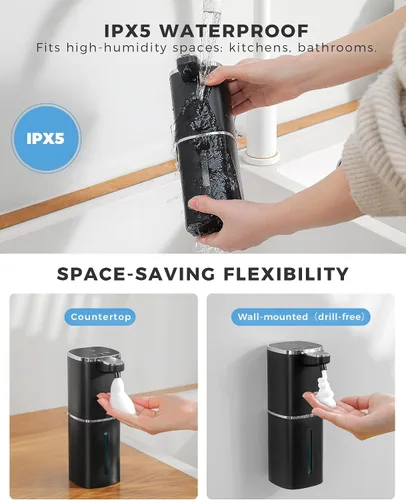 Miniatura 5 de Dispensador automático de jabón espumoso sin contacto, dispensador de jabón de manos inteligente recargable por USB, 9 niveles ajustables, 13.5 Negro
