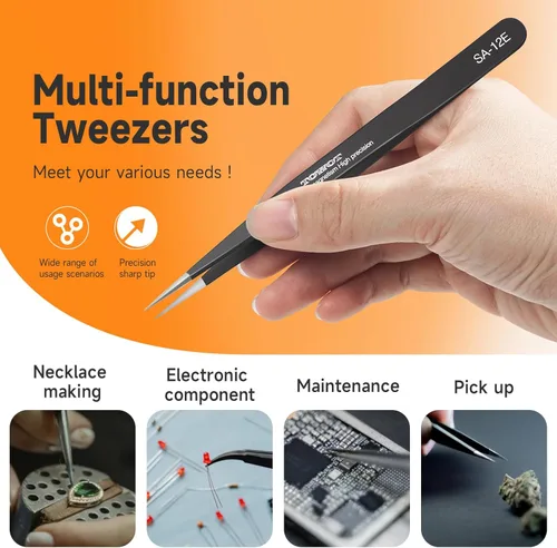 Miniatura 6 de TOWOT Juego de 5 pinzas de precisión, pinzas antiestáticas premium de acero inoxidable para manualidades, electrónica, soldadura, fabricación