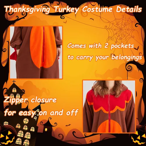 Miniatura 4 de MORNINGFLY Disfraz de pavo para adultos, disfraz de Acción de Gracias, Halloween, cosplay, pijama de una pieza para mujeres y hombres