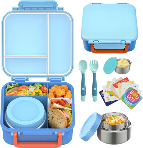 Lonchera Bento para niños con contenedor térmico de sopa de 9 onzas, a prueba de fugas, 4 compartimentos con tarro de comida caliente aislado para