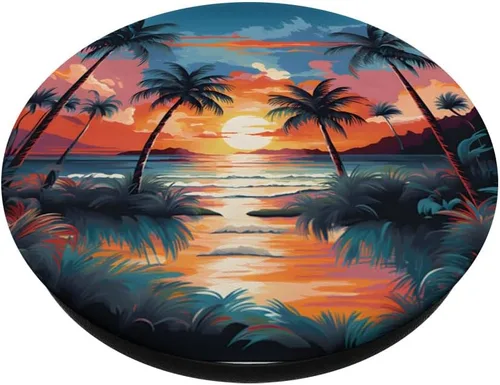 Miniatura 2 de Playa al atardecer océano caprichoso diseño de palmeras PopSockets intercambiables PopGrip