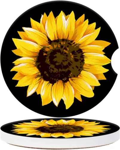 Portavasos para automóvil, elegantes posavasos de cerámica con estampado de girasol, inserto antideslizante con agarre para la punta del dedo,