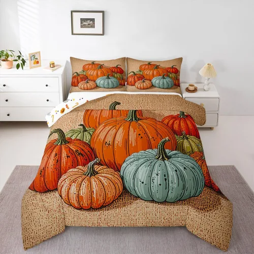 Juego de edredón de calabaza para niños, edredón acolchado de calabazas de dibujos animados, tamaño individual, juego de ropa de cama a cuadros