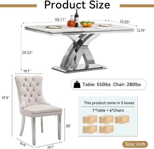 Miniatura 6 de Moderno juego de mesa de comedor de mármol sintético de 68.11 pulgadas para 6, mesa de comedor de mármol blanco y plateado con 6 sillas de Blanco