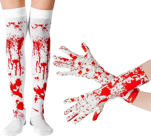 Famiredo Calcetines altos y guantes para disfraz de Halloween, 1 par de guantes manchados de sangre y 1 par de calcetines manchados de sangre para
