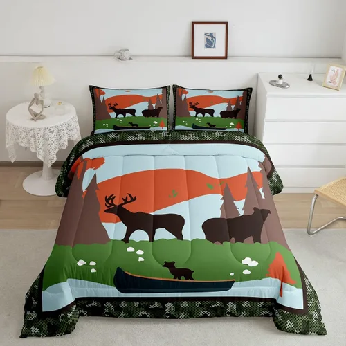 Juego de ropa de cama de jejeloiu con diseño de ciervos y osos para niños y niños, edredón ultra suave para campistas, decoración feliz acampando
