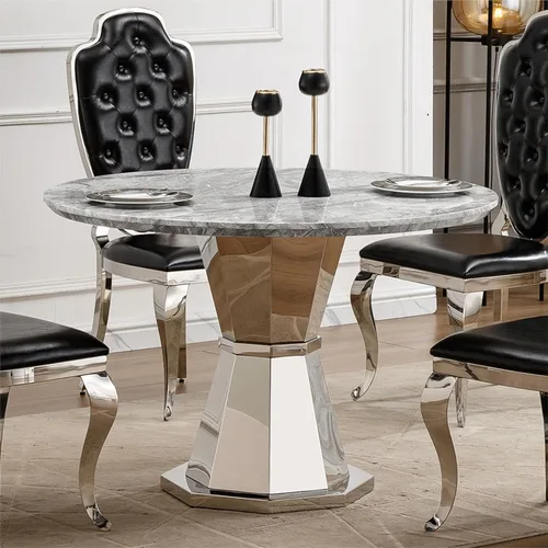 Miniatura 13 de Mesa de comedor redonda de 47 pulgadas, mesa de cocina redonda moderna de mediados de siglo para 4 a 6 personas, mesa de mármol sintético de alto