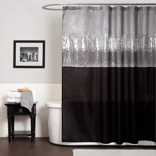 Lush Decor Cortina de Ducha Night Sky, Individual, 72" An x 72" L, Negro y Gris - Cortina de Ducha con Lentejuelas - Cortina de Baño Brillante de