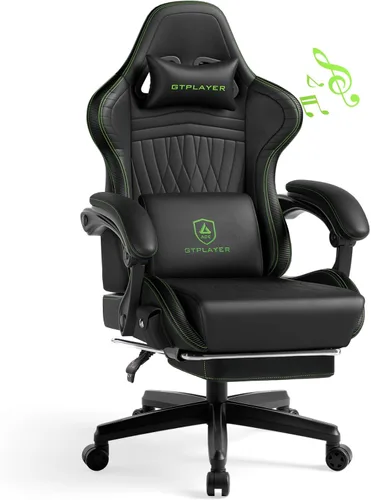 GTPLAYER Silla de juegos para adultos, sillas ergonómicas de videojuegos con altavoces, reposapiés y reposabrazos de conexión, silla reclinable de