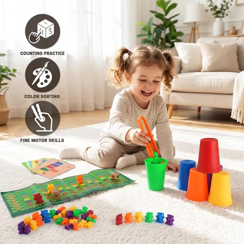 Miniatura 2 de NEOROD Juego de 90 juguetes de aprendizaje de matemáticas de osos para contar arcoíris, clasificación de colores y aprendizaje de matemáticas, juego