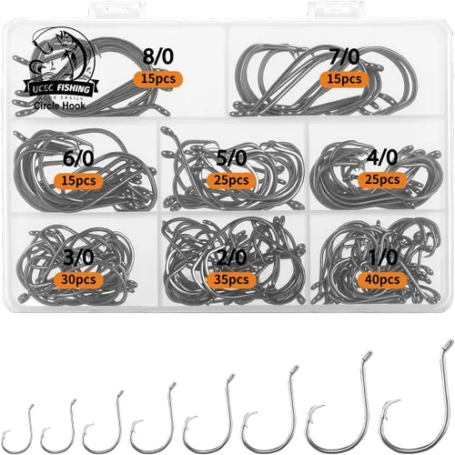 Miniatura 11 de UCEC Anzuelos Circulares Anzuelos de Pesca 2X Fuertes Anzuelos Circulares Descentrados Agua Salada Negro Acero de Alto Carbono Pulpo Bagre Anzuelos