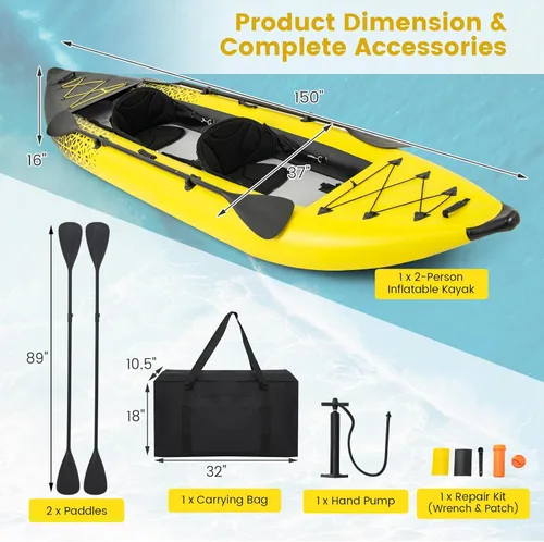 Miniatura 7 de GYMAX Kayak inflable, kayak tándem de 12.5 pies y 507 libras con 2 remos de aluminio, 2 asientos acolchados, reposapiés, 2 aletas, bomba de mano