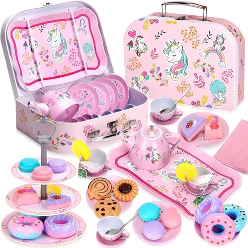 Juego de Té Juguetes para Niñas 36 piezas, Juego de Fiesta de Té de Unicornio de Hojalata Juguete de Juego de Simulación Regalos para Niñas Pequeñas