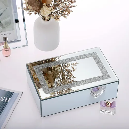 Miniatura 5 de Hipiwe Joyero de cristal con espejo con decoración de diamante triturado, organizador grande de baratijas, caja de tesoro, anillos, aretes, collar
