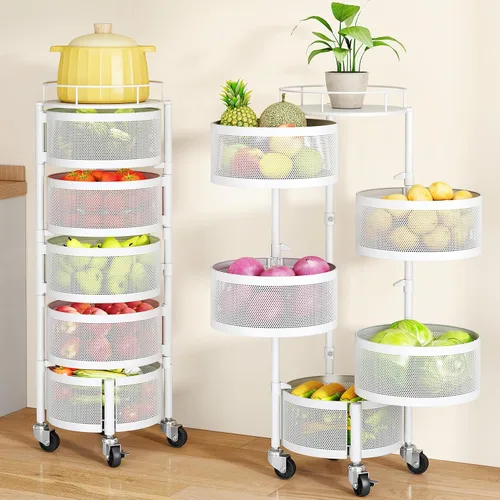Miniatura 10 de SAYZH Cesta de frutas y verduras para cocina, estante de almacenamiento giratorio, carrito rodante de 5 niveles con tapa superior, ruedas de alambre