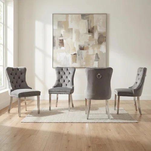 Miniatura 122 de OVENTA Juego de 4 sillas de comedor modernas tapizadas copetudas, terciopelo negro y gris y cuero con patas de madera maciza, sillas de cocina