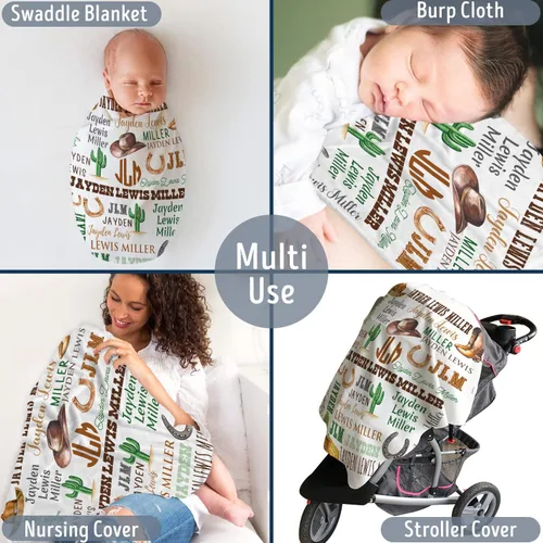 Miniatura 2 de Mantas de bebé occidentales con nombre de iniciales, mantas de bebé vaquero, mantas personalizadas de felpa de cactus para niños y niñas, cosas