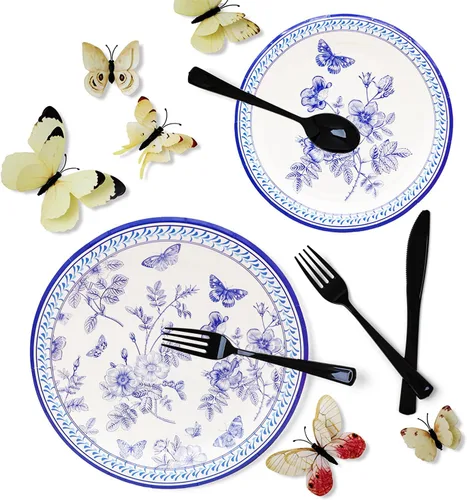 Miniatura 3 de Juego de vajilla floral azul y blanco de 150 piezas, platos de papel floral de 9 y 7 pulgadas, servilletas, cuchillos, tenedores, cucharas