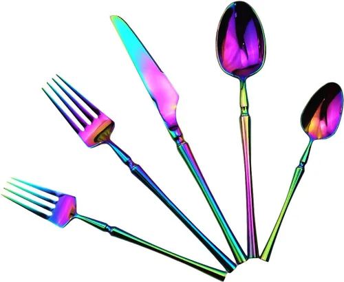 Miniatura 10 de Juego de cubiertos negros de 5 piezas de acero inoxidable 18/10 para 1, acabado espejo, ideal para bodas, festivales, fiestas, cocina en casa, apto