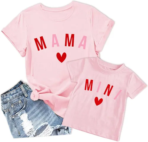 Mama Mini camisas Mommy and Me Outfiits Love Heart Graphic de manga corta, camisetas casuales a juego para la familia