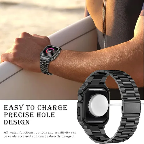 Miniatura 6 de MioHHR Correa y funda de acero inoxidable compatible con Apple Watch Band de 1.614 in, 1.575 in y 1.496 in, cubierta protectora de metal para Negro