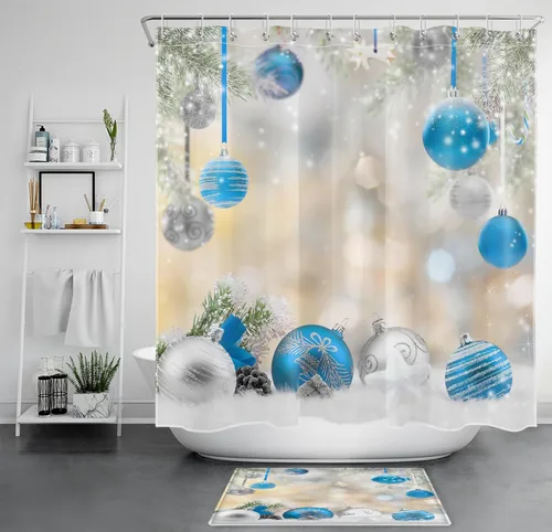 LB Winter Christmas Shower Curtain Sets with Rugs Silver and Light Blue Xmas Ball in Winter Snow Scene Fabric Shower Curtain with Hooks New Year