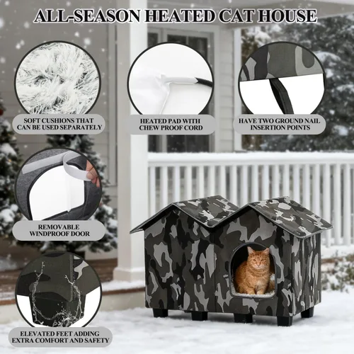 Miniatura 2 de Casa para gatos con calefacción al aire libre, casa elevada y aislada resistente a la intemperie para exteriores, refugio para gatos con almohadilla