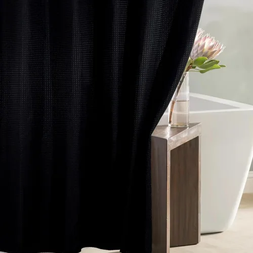 Miniatura 2 de Cortina de ducha negra con tejido de gofre: cortinas de ducha de tela texturizada resistente para baño, repelente al agua, 256 GSM, cortina de baño