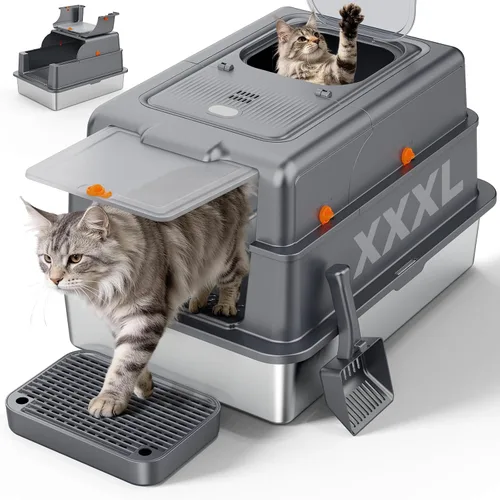 Miniatura 9 de FURTIME Caja de arena de acero inoxidable con tapa, caja de arena cerrada extragrande para gatos grandes, caja de metal para gatos con caja de alta