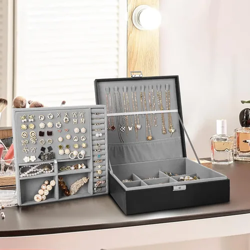 Miniatura 7 de Joyero joyero para mujeres y hombres con piel sintética organizador de joyas grande de 2 capas con cerradura para collares pulseras aretes anillos