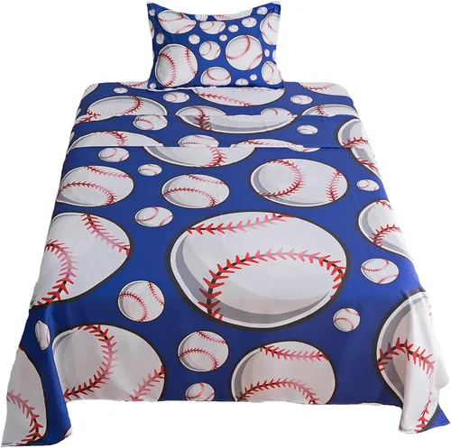 ADASMILE A & S - Juego de sábanas de béisbol para niños y adolescentes, tamaño individual, con impresión 3D de pelota azul, sábanas deportivas de