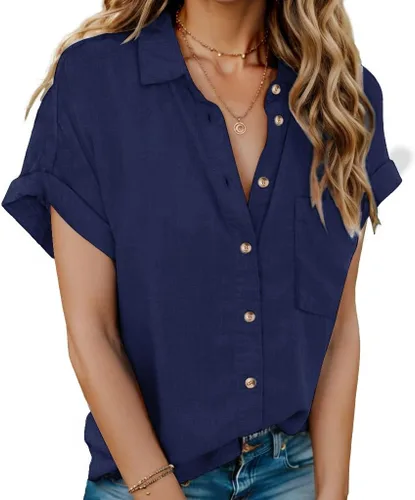 Miniatura 12 de HOTOUCH Camisas de Lino para Mujer con Botones Blusas de Manga Corta de Algodón Cuello en V con Cuello Tops de Gasa con Botones S-3XL