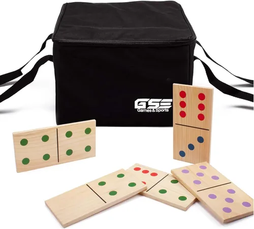 GSE Games & Sports Expert Dominó de madera mediana con puntos multicolores, 28 piezas de juego de dominó de 5 x 2.5 pulgadas con bolsa de