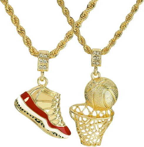 Colgante de oro bañado estilo HipHop retro 11 "Concord" y colgante con motivo basketball de 4 mm, cadena tipo soga de 24 pulgadas
