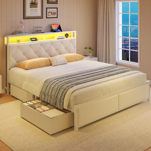 Miniatura 7 de Fluest Base de cama Queen con cabecero, cajones de almacenamiento, estación de carga rápida, luces LED, marco de cama tamaño Queen con cajones
