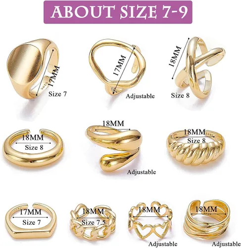 Miniatura 5 de MOROYA 10 anillos gruesos de cúpula de oro para mujer chapados en oro de 18 quilates trenzados redondos anillos de sello ajustables y abiertos