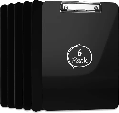 Kiggos Paquete de 6 portapapeles de plástico negros con clip de metal de perfil bajo, 12.5 x 9 pulgadas, tamaño carta, juego de clases a granel,