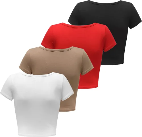 Miniatura 3 de Formeet17 4 piezas de camisetas cortas básicas con cuello redondo y manga casquillo para mujer