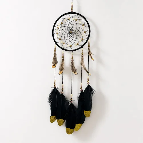 Atrapasueños hecho a mano pluma nativa decoración de la pared del hogar negro