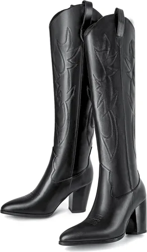Miniatura 3 de Mostrin Botas vaqueras bordadas para mujer, botas vaqueras con punta puntiaguda, botas altas hasta la rodilla, tacón grueso, botas occidentales