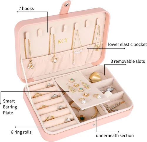 Miniatura 2 de KCY Joyero para mujeres y niñas pequeño estuche organizador de joyas de viaje cajas de almacenamiento de joyas portátiles de piel sintética soporte