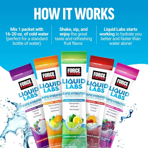 Miniatura 5 de Paquetes de polvo de electrolitos Force Factor Liquid Labs —Limón y lima— sobres de hidratación para hacer agua con electrolitos con 5 electrolitos