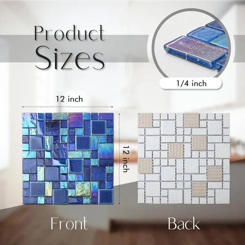 Miniatura 4 de Blujellyfish Azulejos de Mosaico de Vidrio Azul Patrón Francés Láminas de Mosaicos Cuadrados Vidrio Cristal Azul Cobalto Iridiscente Cerámica