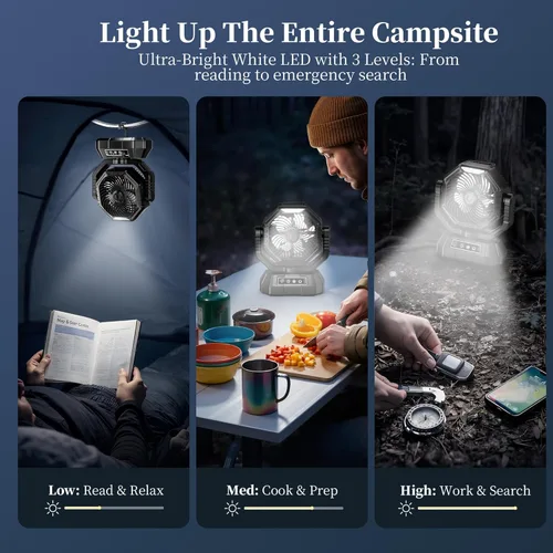 Miniatura 8 de AJVV Ventilador de campamento, batería oscilante, portátil, recargable, con luz y control remoto para campamento, al aire libre, corte de energía