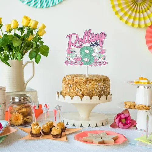 Miniatura 7 de Decoración de 8 pasteles con purpurina rosa para tartas para patines retro de los años 80 y 90, hip hop, patinaje sobre ruedas, suministros