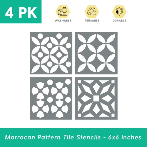 Miniatura 2 de Paquete de 4 plantillas de azulejos (6 x 6 pulgadas), patrón marroquí, plantillas reutilizables para pintar suelos/paredes/muebles, se adapta a